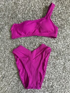 Becca sm top, med bottom One-Shoulder High-Waist Bikini Set in Fuchsia
